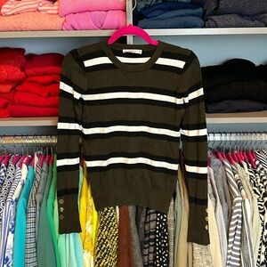 Zara dark green/white/black striped long sleeve crew neck sweater size S